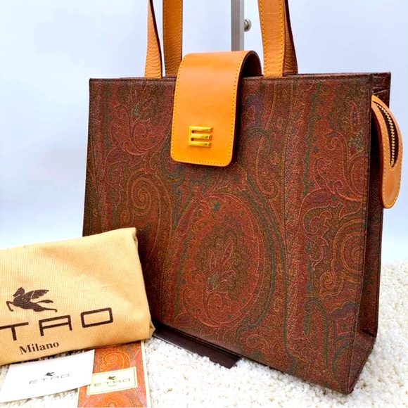 ETRO Tote shoulder bag Paisley pattern PVC leather Gold charm with storage bag - Picture 1 of 9